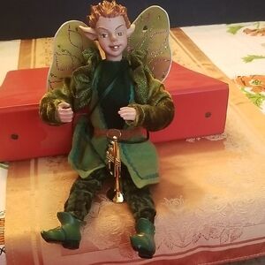 Green Elf Figurine with Wings And Trumpet Vintage